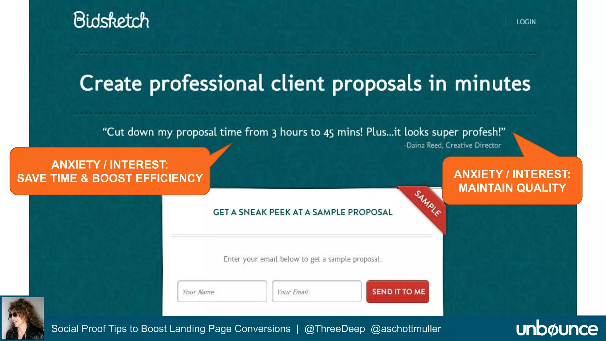 Bidsketch Landing Page Example 
ANXIETY / INTEREST: 
SAVE TIME & BOOST EFFICIENCY ANXIETY / INTEREST: 
Social Proof Tips to Boost Landing Page Conversions | @ThreeDeep @aschottmuller 
MAINTAIN QUALITY 
 