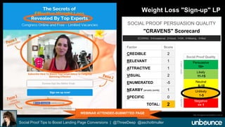 Weight Loss "Sign-up" LP 
SOCIAL PROOF PERSUASION QUALITY 
"CRAVENS" Scorecard 
SCORING: 3=Exceptional, 2=Good, 1=OK, 0=Missing, -5=Bad 
Factor Score 
CREDIBLE 2 
RELEVANT 1 
ATTRACTIVE 1 
VISUAL 2 
ENUMERATED -5 
NEARBY [anxiety points] 1 
SPECIFIC 0 
TOTAL: 2 
Social Proof Tips to Boost Landing Page Conversions | @ThreeDeep @aschottmuller 
Social Proof Quality 
Persuasive 
16+ 
Likely 
11-15 
Neutral 
6-10 
Unlikely 
1-5 
Negative 
<= 1 
UNLIKELY VERY LIKELY 
WEBINAR ATTENDEE-SUBMITTED PAGE 
http://emagrecimentoefetivo.com.br 
 