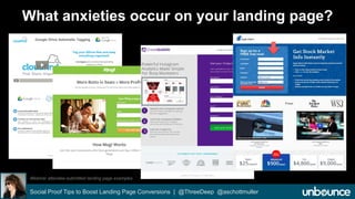 What anxieties occur on your landing page? 
Webinar attendee-submitted landing page examples 
Social Proof Tips to Boost Landing Page Conversions | @ThreeDeep @aschottmuller 
 
