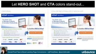 Let HERO SHOT and CTA colors stand-out... 
ORIGINAL COLOR-NEUTRALIZED MOCK-UP 
Social Proof Tips to Boost Landing Page Conversions | @ThreeDeep @aschottmuller 
 