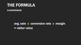 THE FORMULA
avg. sale x conversion rate x margin
= visitor value
e-commerce
 
