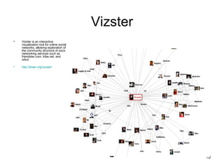 Vizster Vizster is an interactive visualization tool for online social networks, allowing exploration of the community structure of social networking services such as friendster.com, tribe.net, and orkut. http://jheer.org/vizster/   