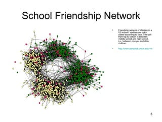 School Friendship Network Friendship network of children in a US school. Vertices are color coded according to race. The split from top to bottom is between middle school and high school, i.e., between younger and older children. http://www-personal.umich.edu/~mejn/networks/   