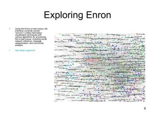 Exploring Enron Using the Enron e-mail corpus, the interface--currently named "enronic"--unifies information visualization techniques with various algorithms for processing the e-mail corpus, including social network inference, message categorization, and community analysis. http://jheer.org/enron/   