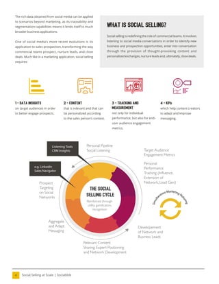 Social Selling at Scale | Sociabble
4
The rich data obtained from social media can be applied
to scenarios beyond marketing, as its traceability and
segmentation capabilities means it lends itself to much
broader business applications.
One of social media’s more recent evolutions is its
application to sales prospection, transforming the way
commercial teams prospect, nurture leads, and close
deals. Much like in a marketing application, social selling
requires:
1 - DATA INSIGHTS
on target audiences in order
to better engage prospects.
3 - TRACKING AND
MEASUREMENT
not only for individual
performance, but also for end-
user audience engagement
metrics.
4 - KPIs
which help content creators
to adapt and improve
messaging.
2 - CONTENT
that is relevant and that can
be personalized according
to the sales person’s context.
S
i
m
u
l
t
a
neous Marketing Nu
t
u
r
i
n
g
the social
selling cycle
Personal Pipeline
Social Listening
Reinforced through
utility, gamification,
recognition
Prospect
Targeting
on Social
Networks
Aggregate
and Adapt
Messaging
Relevant Content
Sharing, Expert Positioning
and Network Development
Target Audience
Engagement Metrics
Personal
Performance
Tracking (Influence,
Extension of
Network, Lead Gen)
Developement
of Network and
Business Leads
Listening Tools
CRM Insights
e.g. LinkedIn
Sales Navigator
What Is Social Selling?
Social selling is redeining the role of commercial teams. It involves
listening to social media conversations in order to identify new
business and prospection opportunities, enter into conversation
through the provision of thought-provoking content and
personalized exchanges, nurture leads and, ultimately, close deals.
 