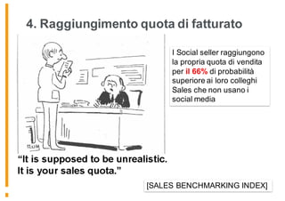 4. Raggiungimento quota di fatturato
I Social seller raggiungono
la propria quota di vendita
per il 66% di probabilità
superiore ai loro colleghi
Sales che non usano i
social media
[SALES BENCHMARKING INDEX]
 