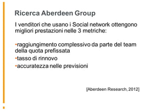 Ricerca Aberdeen Group
I venditori che usano i Social network ottengono
migliori prestazioni nelle 3 metriche:
•raggiungimento complessivo da parte del team
della quota prefissata
•tasso di rinnovo
•accuratezza nelle previsioni
[Aberdeen Research, 2012]
 
