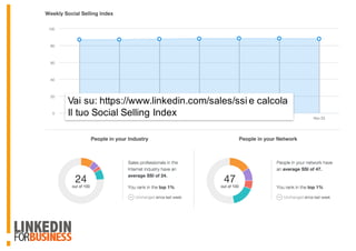 Vai su: https://www.linkedin.com/sales/ssi e calcola
Il tuo Social Selling Index
 