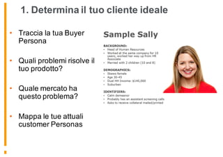 1. Determina il tuo cliente ideale
• Traccia la tua Buyer
Persona
• Quali problemi risolve il
tuo prodotto?
• Quale mercato ha
questo problema?
• Mappa le tue attuali
customer Personas
 