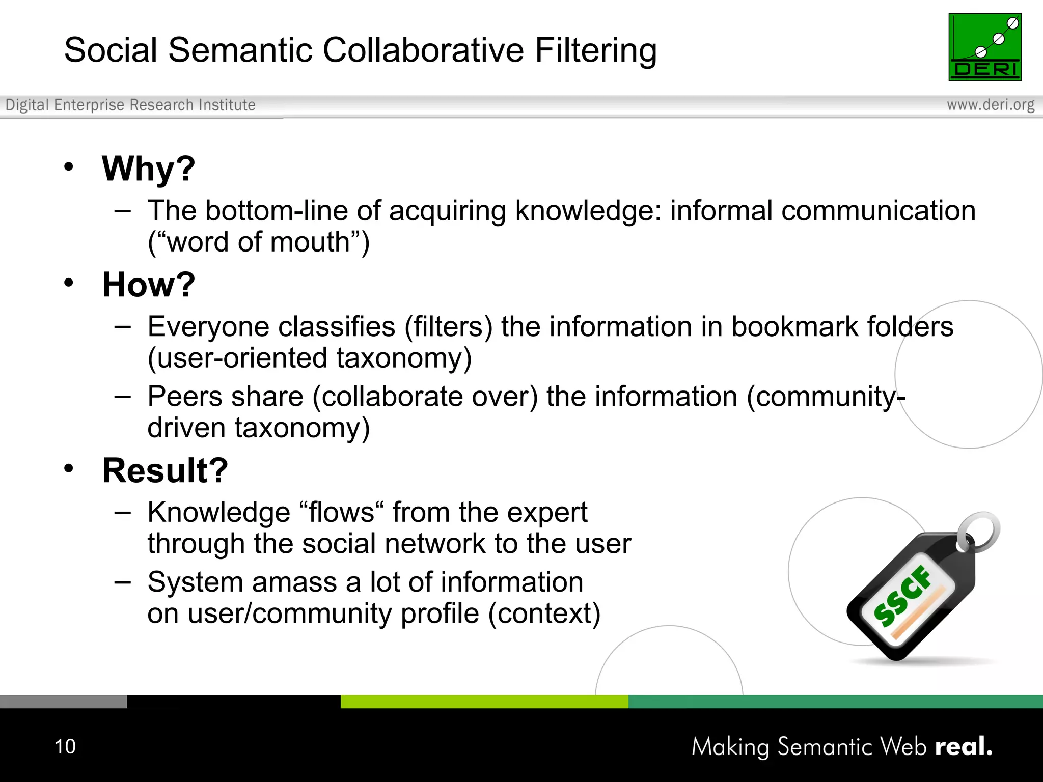 Social Semantic Collaborative Filtering Why? The bottom-line of acquiring knowledge: informal communication (“word of mouth”)  How? Everyone classifies (filters) the information in bookmark folders (user-oriented taxonomy) Peers share (collaborate over) the information (community-driven taxonomy) Result? Knowledge “flows“ from the expert  through the social network to the user System amass a lot of information  on user/community profile (context) 