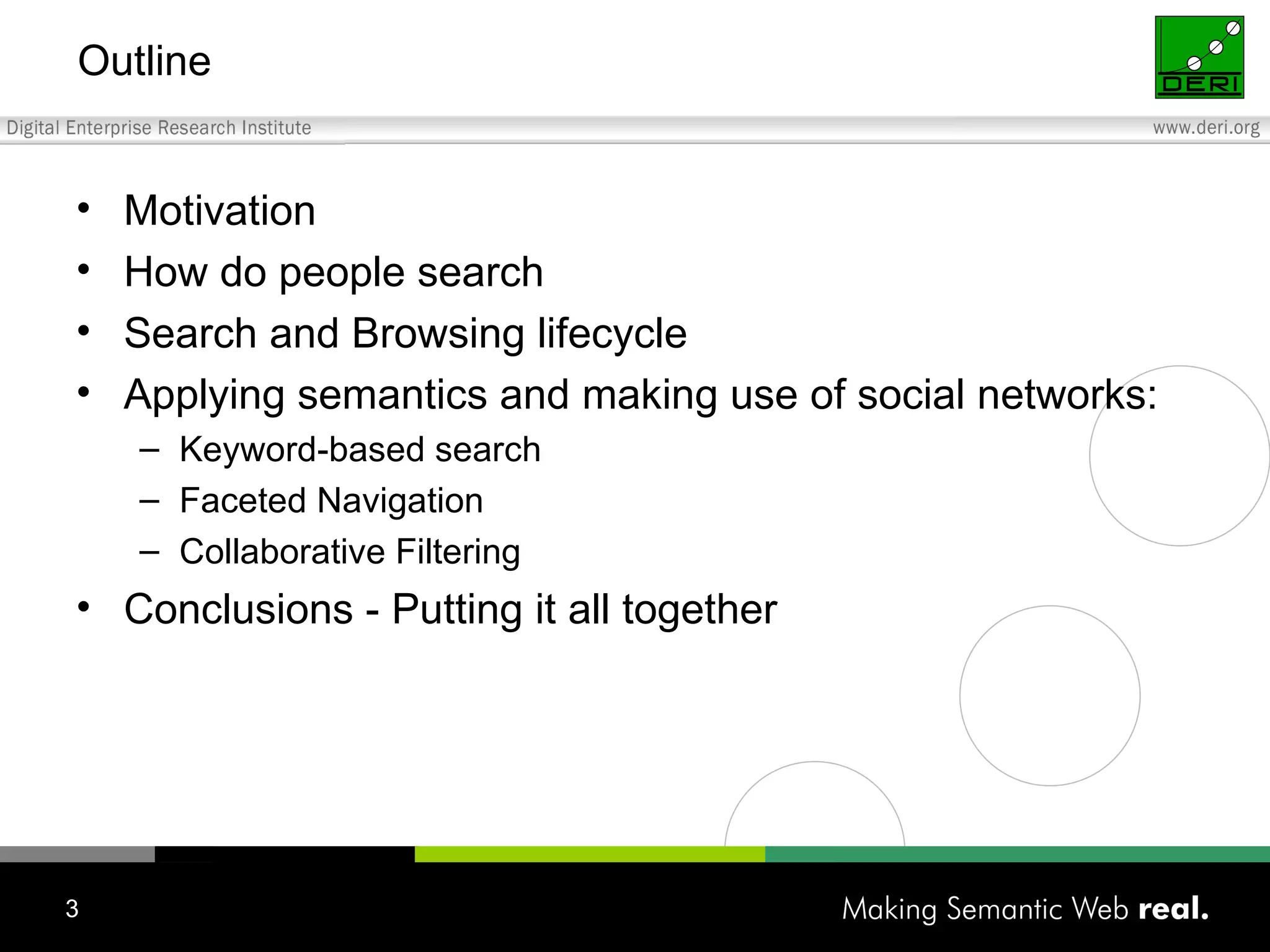 Outline Motivation How do people search Search and Browsing lifecycle Applying semantics and making use of social networks: Keyword-based search Faceted Navigation Collaborative Filtering Conclusions - Putting it all together 