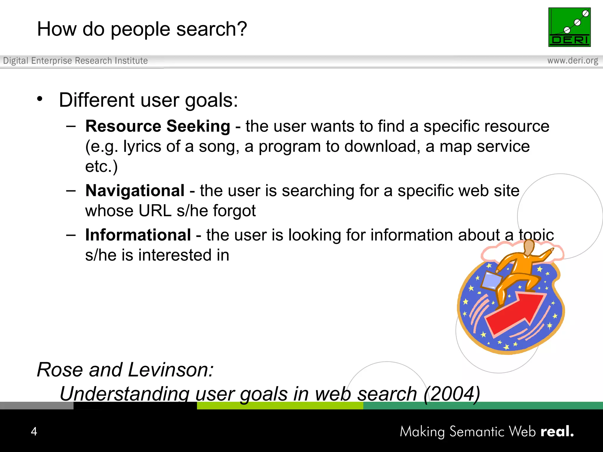 How do people search? Different user goals: Resource Seeking  - the user wants to find a specific resource (e.g. lyrics of a song, a program to download, a map service etc.) Navigational  - the user is searching for a specific web site whose URL s/he forgot Informational  - the user is looking for information about a topic s/he is interested in Rose and Levinson:  Understanding user goals in web search (2004) 