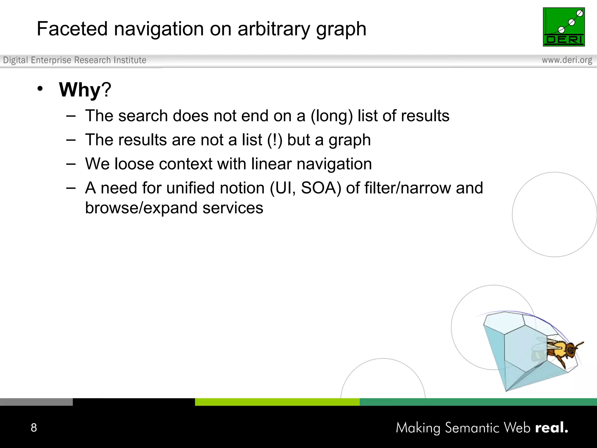 Faceted navigation on arbitrary graph Why ? The search does not end on a (long) list of results The results are not a list (!) but a graph We loose context with linear navigation A need for unified notion (UI, SOA) of filter/narrow and browse/expand services 