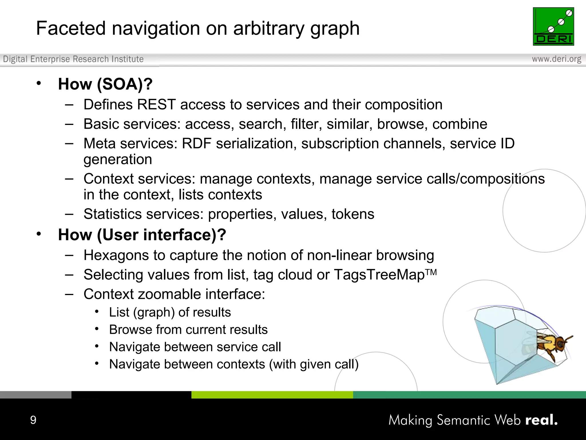 Faceted navigation on arbitrary graph How (SOA)? Defines REST access to services and their composition Basic services: access, search, filter, similar, browse, combine Meta services: RDF serialization, subscription channels, service ID generation Context services: manage contexts, manage service calls/compositions in the context, lists contexts Statistics services: properties, values, tokens How (User interface)? Hexagons to capture the notion of non-linear browsing Selecting values from list, tag cloud or TagsTreeMap TM Context zoomable interface: List (graph) of results Browse from current results Navigate between service call Navigate between contexts (with given call) 