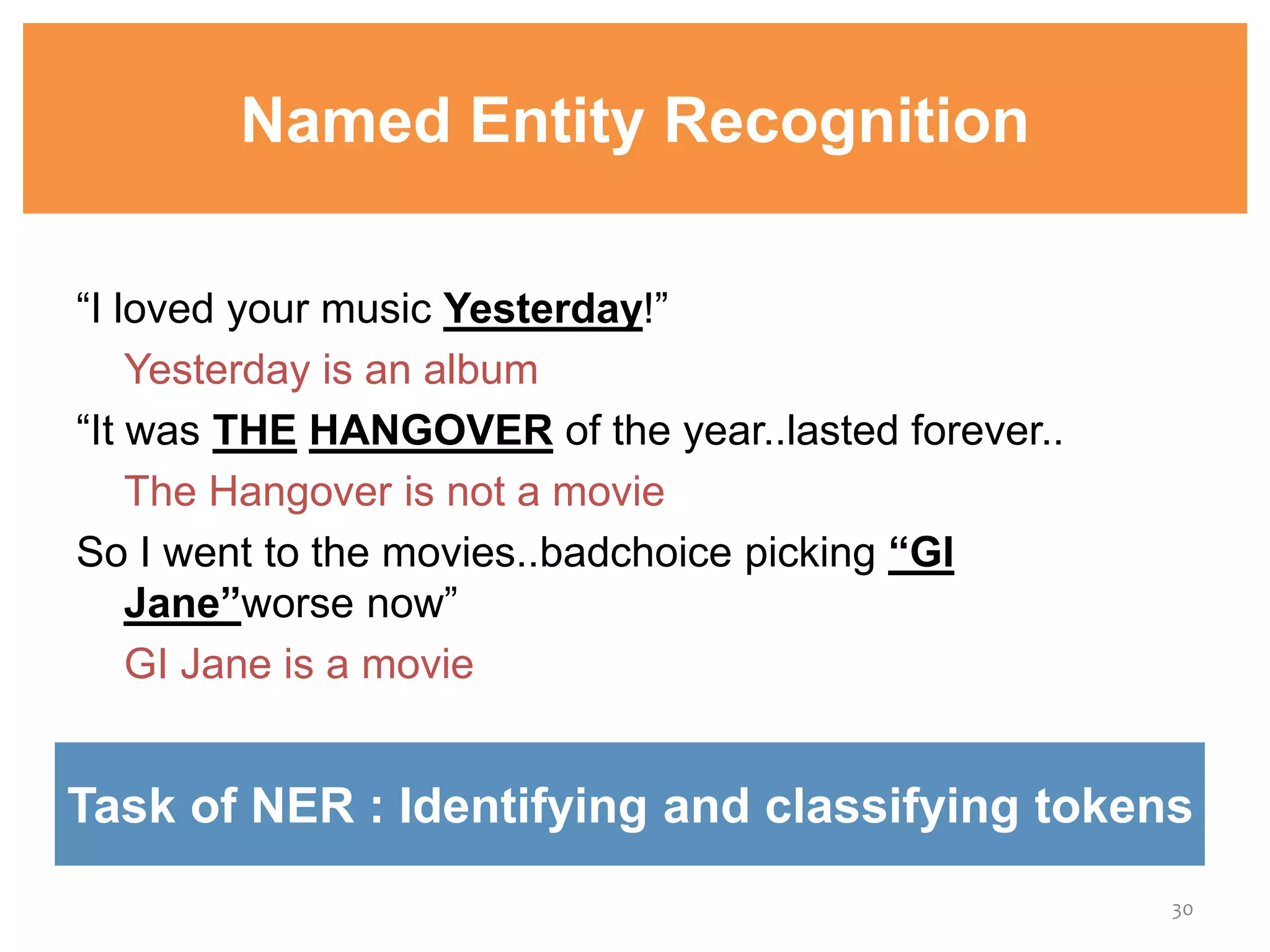 Named Entity Recognition
“I loved your music Yesterday!”
Yesterday is an album
“It was THE HANGOVER of the year..lasted forever..
The Hangover is not a movie
So I went to the movies..badchoice picking “GI
Jane”worse now”
GI Jane is a movie
30
Task of NER : Identifying and classifying tokens
 