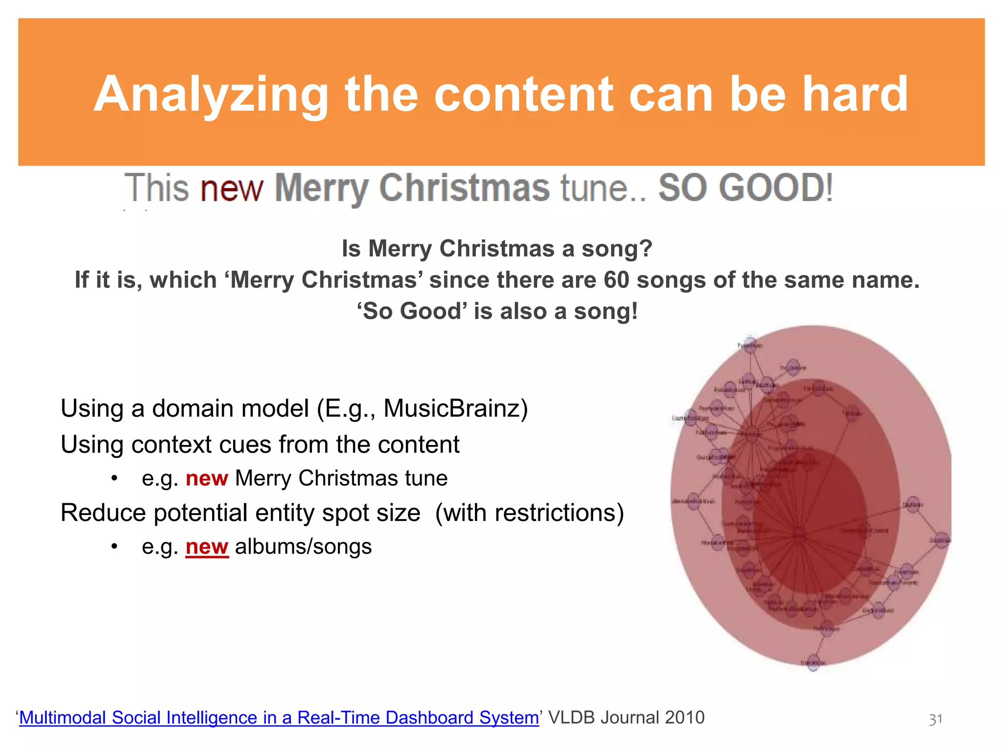 Analysing the Content can be Hard…
Using a domain model (E.g., MusicBrainz)
Using context cues from the content
• e.g. new Merry Christmas tune
Reduce potential entity spot size (with restrictions)
• e.g. new albums/songs
Multimodal Social Intelligence in a Real-Time Dashboard System
Analyzing the content can be hard
31
 