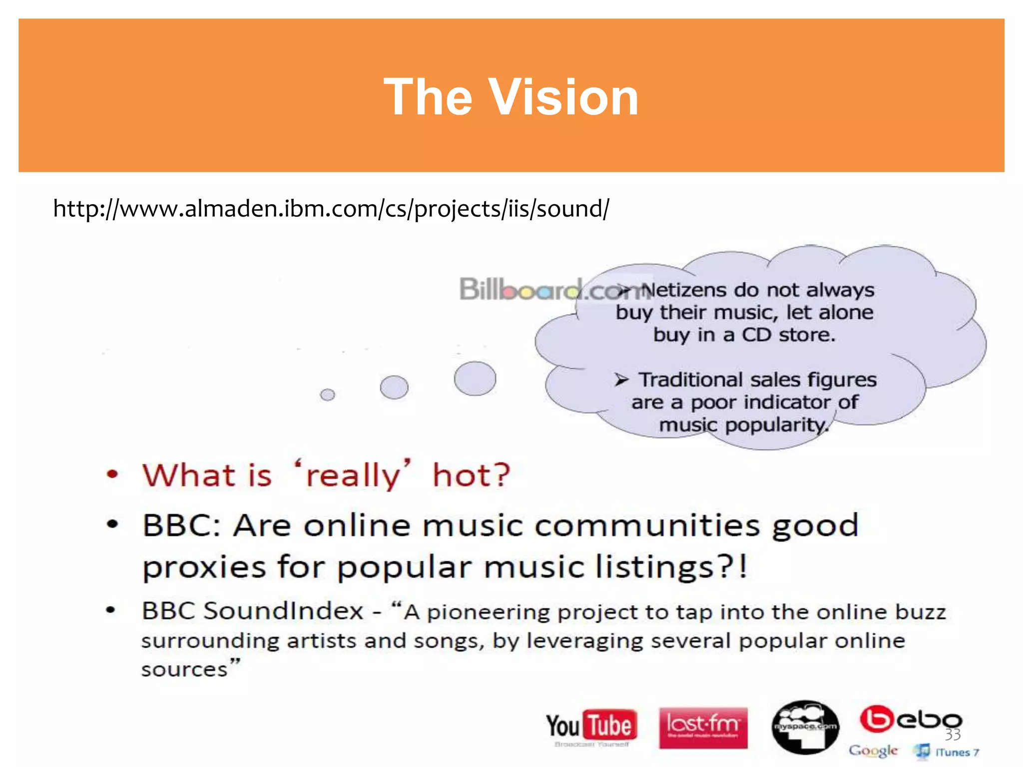 The Vision
http://www.almaden.ibm.com/cs/projects/iis/sound/
33
 