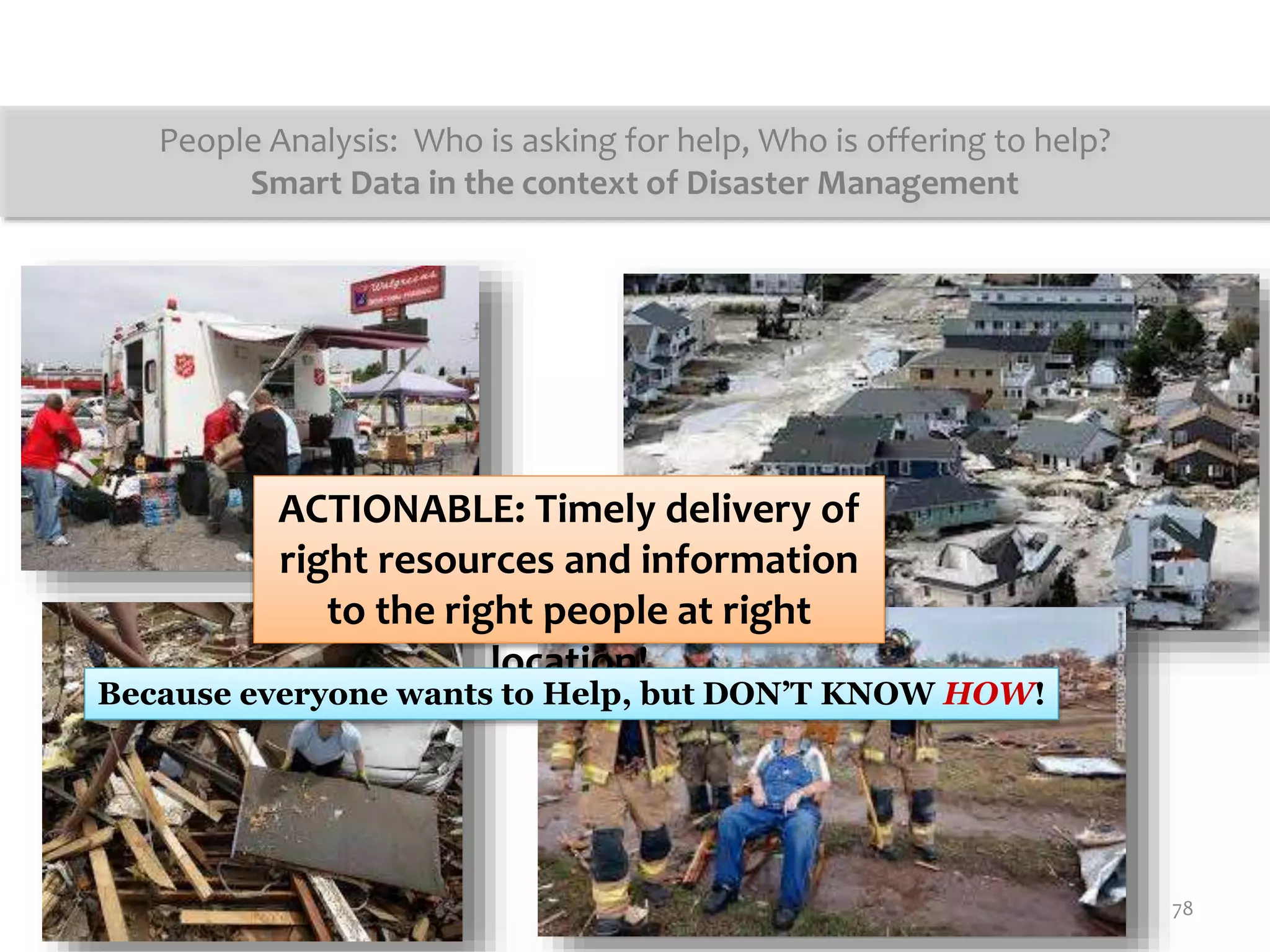 People Analysis: Who is asking for help, Who is offering to help?
Smart Data in the context of Disaster Management
ACTIONABLE: Timely delivery of
right resources and information
to the right people at right
location!
78
Because everyone wants to Help, but DON’T KNOW HOW!
 