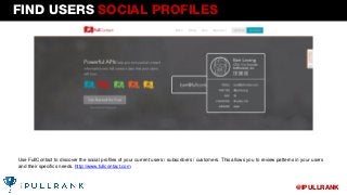 FIND USERS SOCIAL PROFILES
Use FullContact to discover the social profiles of your current users / subscribers / customers...
