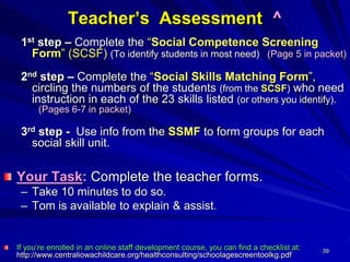 39
Teacher’s Assessment ^
1st step – Complete the “Social Competence Screening
Form” (SCSF) (To identify students in most need) (Page 5 in packet)
2nd step – Complete the “Social Skills Matching Form”,
circling the numbers of the students (from the SCSF) who need
instruction in each of the 23 skills listed (or others you identify).
(Pages 6-7 in packet)
3rd step - Use info from the SSMF to form groups for each
social skill unit.
Your Task: Complete the teacher forms.
– Take 10 minutes to do so.
– Tom is available to explain & assist.
If you’re enrolled in an online staff development course, you can find a checklist at:
http://www.centraliowachildcare.org/healthconsulting/schoolagescreentoolkg.pdf
 