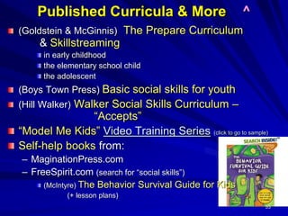53
Published Curricula & More ^
(Goldstein & McGinnis) The Prepare Curriculum
& Skillstreaming
in early childhood
the elementary school child
the adolescent
(Boys Town Press) Basic social skills for youth
(Hill Walker) Walker Social Skills Curriculum –
“Accepts”
“Model Me Kids” Video Training Series (click to go to sample)
Self-help books from:
– MaginationPress.com
– FreeSpirit.com (search for “social skills”)
(McIntyre) The Behavior Survival Guide for Kids
(+ lesson plans)
 