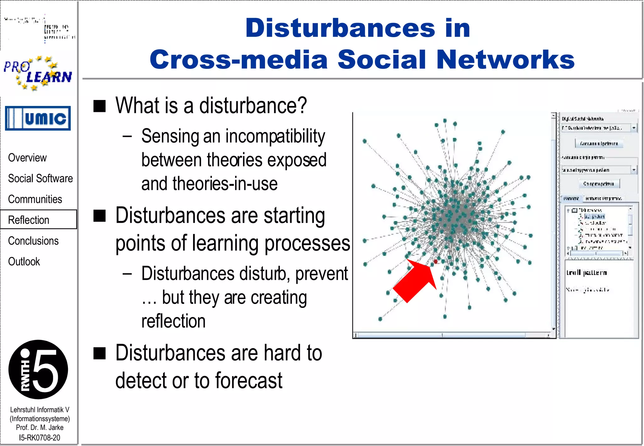 Disturbances in  Cross-media Social Networks What is a disturbance? Sensing an incompatibility between theories exposed and theories-in-use Disturbances are starting points of learning processes Disturbances disturb, prevent … but they are creating reflection Disturbances are hard to detect or to forecast 