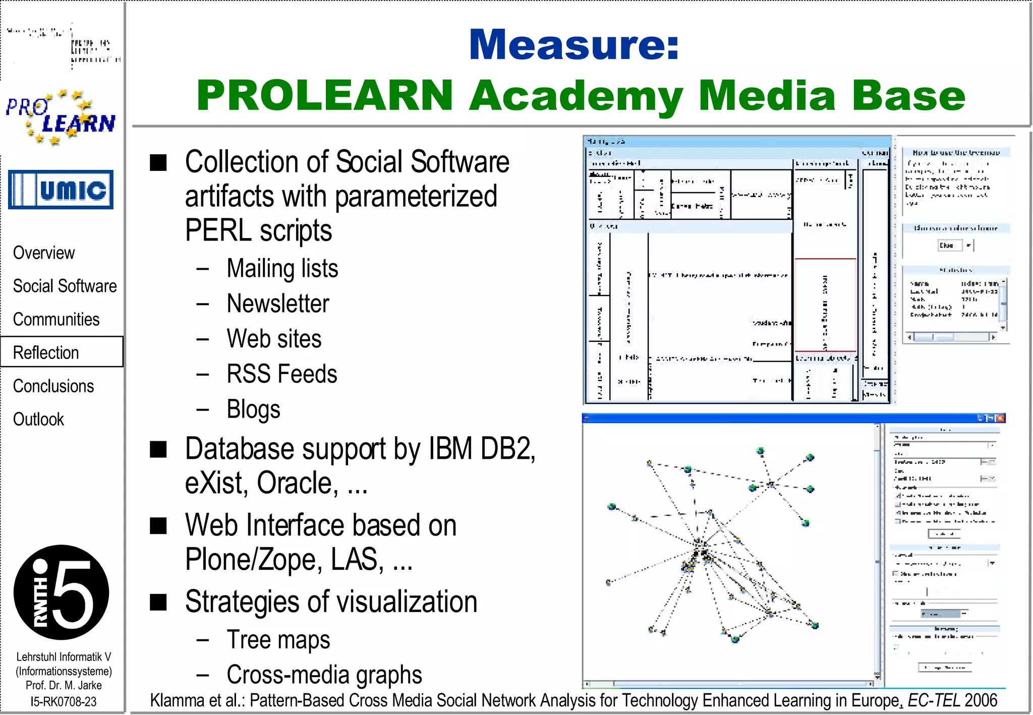 Measure:  PROLEARN Academy Media Base Collection of Social Software artifacts with parameterized PERL scripts Mailing lists Newsletter Web sites RSS Feeds Blogs Database support by IBM DB2, eXist, Oracle, ... Web Interface based on Plone/Zope, LAS, ... Strategies of visualization Tree maps Cross-media graphs Klamma et al.: Pattern-Based Cross Media Social Network Analysis for Technology Enhanced Learning in Europe ,   EC-TEL  2006  