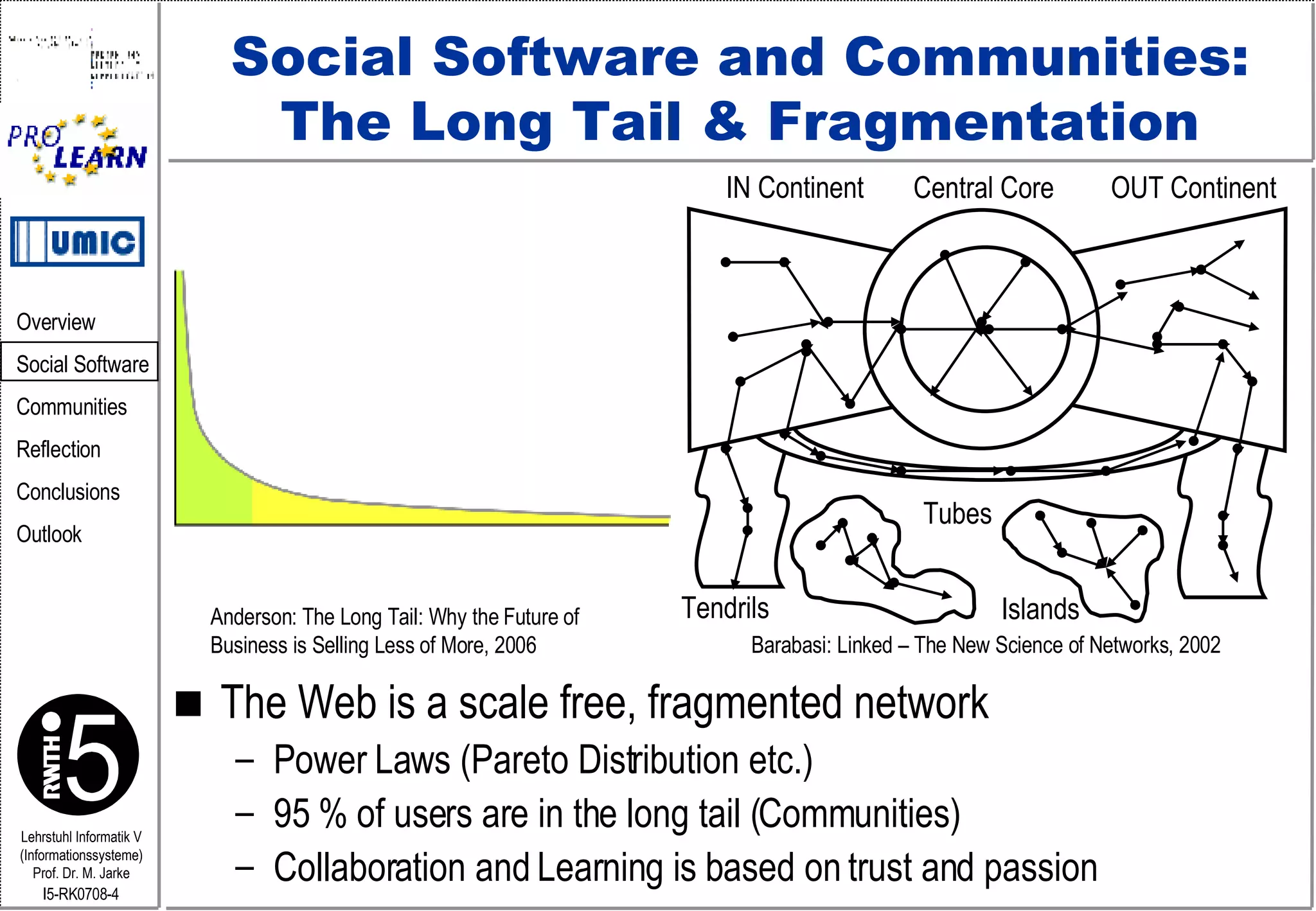 Social Software and Communities: The Long Tail & Fragmentation The Web is a scale free, fragmented network Power Laws (Pareto Distribution etc.) 95 % of users are in the long tail (Communities) Collaboration and Learning is based on trust and passion Islands Tendrils IN Continent Central Core OUT Continent Tubes Barabasi: Linked – The New Science of Networks, 2002 Anderson: The Long Tail: Why the Future of  Business is Selling Less of More, 2006 
