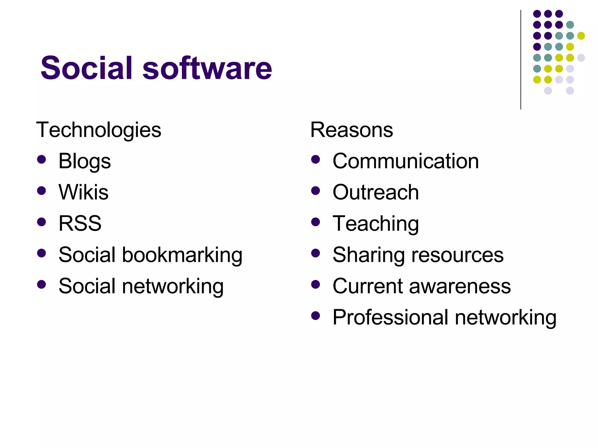 Social software Technologies Blogs Wikis RSS Social bookmarking Social networking Reasons Communication Outreach Teaching Sharing resources Current awareness Professional networking