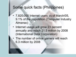 Some quick facts (Philippines) 7,820,000 Internet users as of March/05, 9.1% of the population (Computer Industry Almanac) Internet usage will grow 23 percent annually and reach 21.5 million by 2008 (International Data Corporation)  The number of online gamers will reach 6.3 million by 2008  