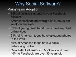 Why Social Software? Mainstream Adoption 85% of college students have a Facebook account Americans spend an average of 14 hours per week on the Web 85% of young broadband users have watched online video 51% of American teens have uploaded photos to the Web 55% of American teens have a social networking profile Over half of all visitors to MySpace and over 40% to Facebook are over 35 years old 
