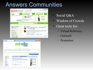 Answers Communities Social Q&A Wisdom of Crowds Great tools for: Virtual Reference Outreach Promotion 