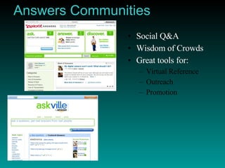 Answers Communities Social Q&A Wisdom of Crowds Great tools for: Virtual Reference Outreach Promotion 