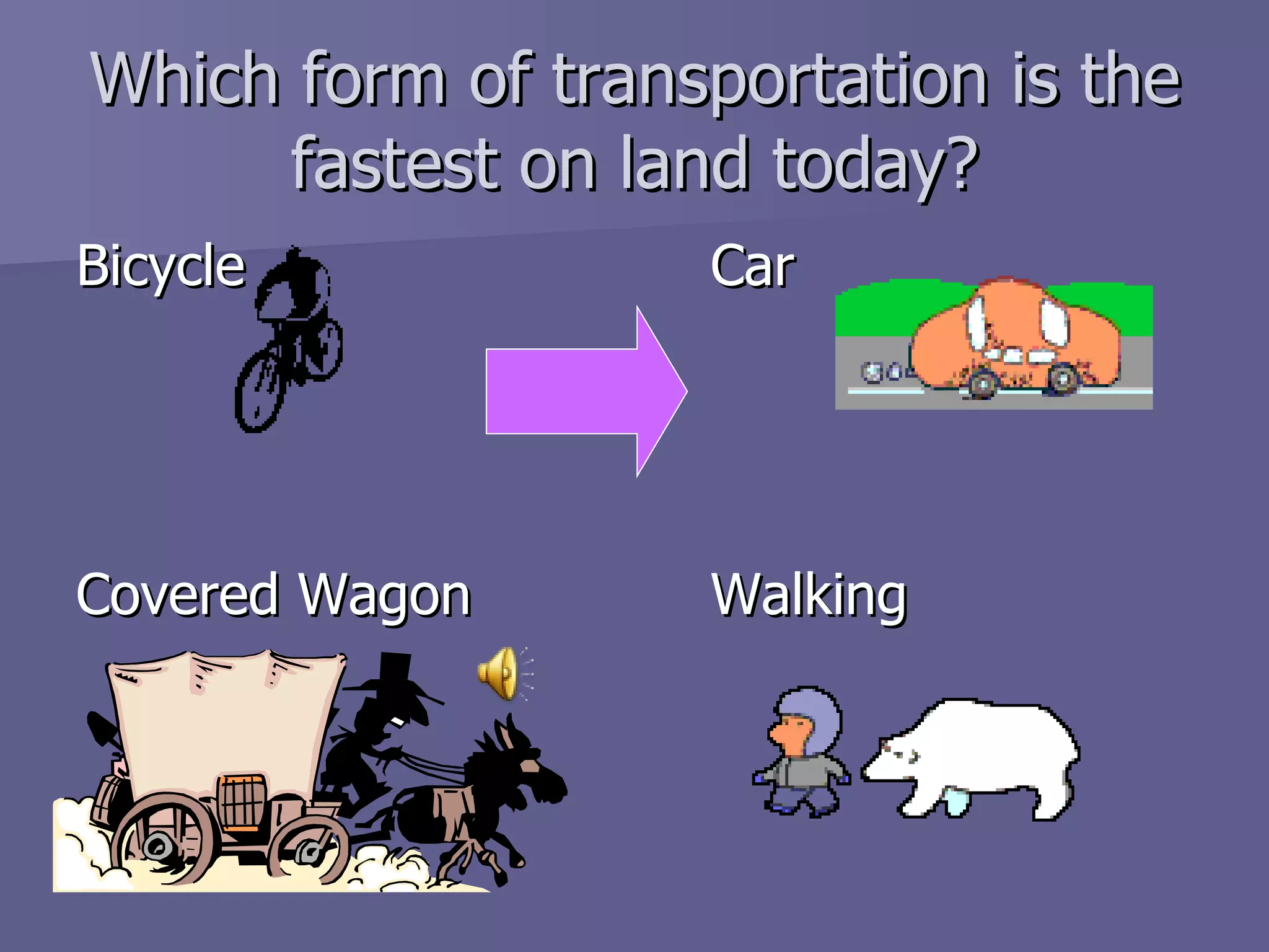 Which form of transportation is the fastest on land today? Bicycle Car Covered Wagon Walking 
