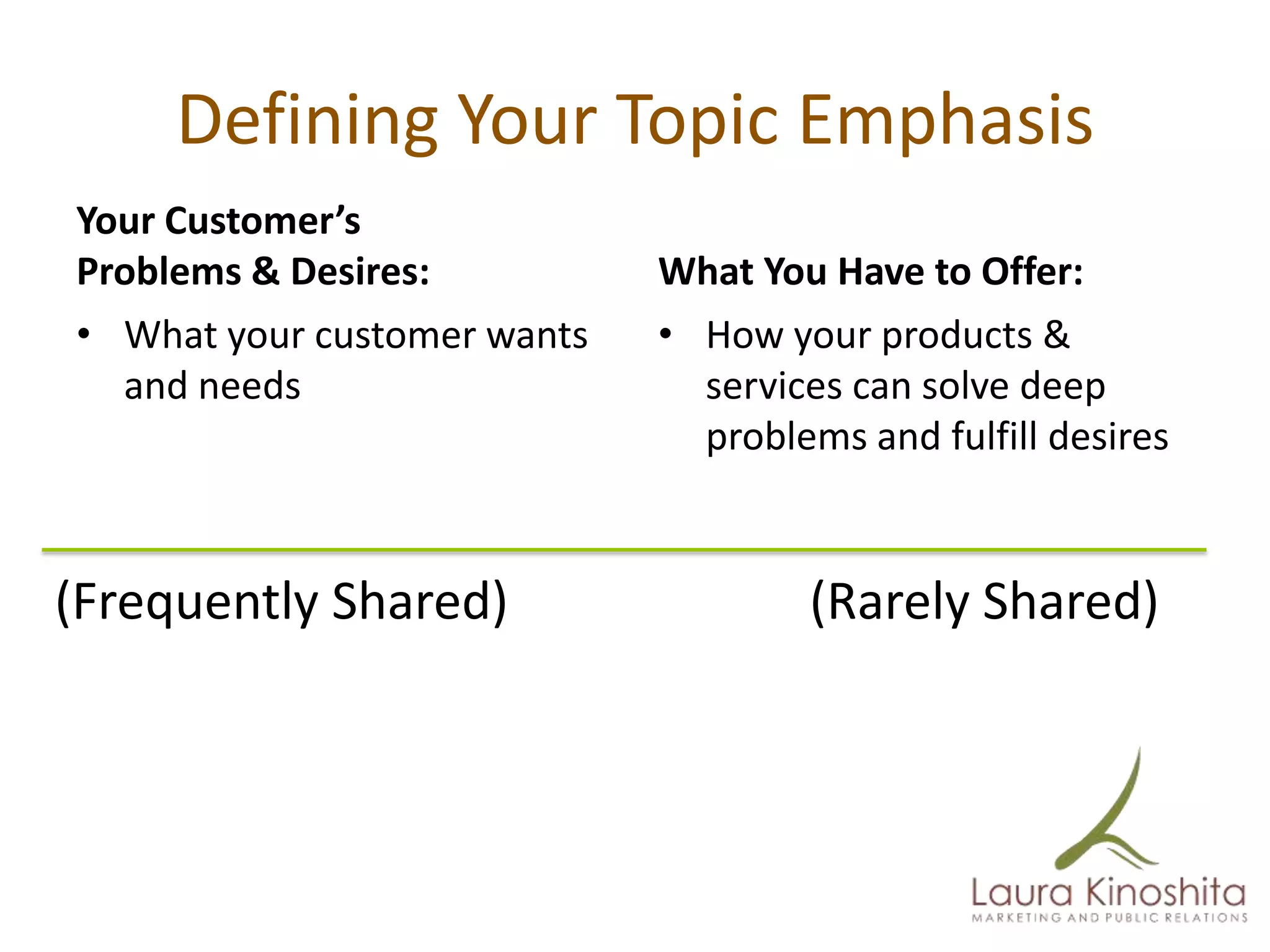 Defining Your Topic Emphasis
Your Customer’s
Problems & Desires:          What You Have to Offer:
• What your customer wants   • How your products &
  and needs                    services can solve deep
                               problems and fulfill desires


(Frequently Shared)                  (Rarely Shared)
 