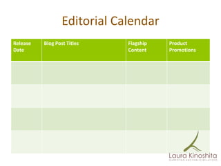 Editorial Calendar
Release   Blog Post Titles    Flagship   Product
Date                          Content    Promotions
 