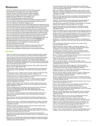 6 HES • 800.326.2317 • HESonline.com
Resources
• Centers for Disease Control and Prevention (www.cdc.gov)
• Developmental Psychology (www.apa.org/journals/dev)
• Families, Systems,  Health (www.apa.org/journals/fsh)
• Health Communication (www.tandf.co.uk/journals/HHTH)
• Health Education  Behavior (heb.sagepub.com)
• Health Psychology (www.apa.org/journals/hea)
• Journal of Abnormal  Social Psychology (www.apa.org/journals/abn)
• Journal of Advanced Nursing (www.journalofadvancednursing.com)
• Journal of Aging and Health (jah.sagepub.com)
• Journal of Consulting and Clinical Psychology (www.apa.org/journals/ccp)
• Journal of Experimental Social Psychology (www.elsevier.com/locate/jesp)
• Journal of Occupational and Environmental Medicine (www.joem.org)
• Journal of Occupational Health Psychology (www.apa.org/journals/ocp)
• Journal of Personality and Social Psychology (www.apa.org/journals/psp)
• Journal of Social  Clinical Psychology (www.guilford.com/pr/jnsc.htm)
• Journal of Sport  Exercise Psychology (www.humankinetics.com/jsep)
• Journal of the American Dietetic Association (www.adajournal.org)
• Journal of the American Medical Association (www.jama.ama-assn.org)
• Military Psychology (www.tandf.co.uk/journals/titles/08995605.asp)
• NeuroRehabilitation (iospress.metapress.com/content/103177)
• The New England Journal of Medicine (content.nejm.org)
• Obesity (www.nature.com/oby)
• Occupational Therapy Journal of Research (www.otjronline.com)
• Psychosomatic Medicine (www.psychosomaticmedicine.org)
• Social Science  Medicine (www.elsevier.com/locate/socscimed)
End Notes
1
	Centers for Disease Control and Prevention. Prevalence and Trends Data 2007. Available
online: apps.nccd.cdc.gov/brfss/display.asp?cat=FVyr=2007qkey=4415state=UB.
2
	Centers for Disease Control and Prevention. National Center for Health Statistics. National
Health and Nutrition Examination Survey Data. Prevalence of Overweight, Obesity and
Extreme Obesity Among Adults: United States, Trends 1976-80 through 2005-2006.
Hyattsville, MD: US Department of Health and Human Services, Centers for Disease Control
and Prevention, December 2008. Available online: www.cdc.gov/nchs/products/pubs/pubd/
hestats/overweight/overweight_adult.htm.
3
	Barnes P. Physical Activity Among Adults: United States, 2000 and 2005. Hyattsville, MD:
National Center for Health Statistics, 2007.
4
	US Department of Health and Human Services. Healthy People 2010: Understanding and
Improving Health. 2nd Ed. Washington, DC: US Government Printing Office, November
2000.
5
	Zimmerman RS, Connor C. Health Promotion in Context: The Effects of Significant Others
on Health Behavior Change. Health Education  Behavior 1989;16(1):57-75.
6
	Christakis NA, Fowler JH. The Spread of Obesity in a Large Social Network Over 32 Years.
The New England Journal of Medicine 2007;357(4):370-379.
7
	Pronk NP, Goodman MJ, O’Connor PJ, Martinson BC. Relationship Between Modifiable
Health Risks and Short-Term Health Care Charges. Journal of the American Medical
Association 1999;282(23):2235-2239.
8
	Loeppke R, Taitel M, Haufle V, Parry T, Kessler RC, Jinnett K. Health and Productivity as
a Business Strategy: A Multiemployer Study. Journal of Occupational and Environmental
Medicine 2009;51(4):411-428.
9	
Closing the Engagement Gap: A Road Map for Driving Superior Business Performance.
Towers-Perrin Global Workforce Study, 2007-2008. Available online: www.
towersperrin.com/tp/getwebcachedoc?webc=HRS/USA/2008/200803/GWS_Global_
Report20072008_31208.pdf.
10	
Rees T, Freeman P. Social Support Moderates the Relationship Between Stressors and
Task Performance Through Self-Efficacy. Journal of Social and Clinical Psychology
2009;28(2):244-263.
11
	Miczo N. Stressors and Social Support Perceptions Predict Illness Attitudes and Care-
Seeking Intentions: Re-Examining the Sick Role. Health Communication 2004;16(3):347-
361.
12
	Isaksson G, Lexell J, Skär L. Social Support Provides Motivation and Ability to Participate
in Occupation. Occupational Therapy Journal of Research: Occupation, Participation and
Health 2007;27(1):23-30.
13
	Zabalegui A, Sanchez S, Sanchez PD, Juando C. Nursing and Cancer Support Groups.
Journal of Advanced Nursing 2005;51(4):369-381.
14
	Woodgate J, Brawley LR, Shields CA. Social Support in Cardiac Rehabilitation Exercise
Maintenance: Associations With Self-Efficacy and Health-Related Quality of Life. Journal of
Applied Social Psychology 2007;37(5):1041-1059.
15
	Myers GM, James GD. Social Support, Anxiety, and Support Group Participation in
Patients With an Implantable Cardioverter Defibrillator. Progress in Cardiovascular Nursing
2008;23(4):160-167.
16
	Rego A, Souto S, Cunha MP. Does the Need to Belong Moderate the Relationship Between
Perceptions of Spirit of Camaraderie and Employees’ Happiness? Journal of Occupational
Health Psychology 2009;14(2):148-164.
17
	Courneya KS, Blanchard CM, Laing DM. Exercise Adherence in Breast Cancer
Survivors Training for a Dragon Boat Race Competition: a Preliminary Investigation.
Psycho-Oncology 2001;10(5):444-452.
18
	Baranowski T, Watson K, Missaghian M, Broadfoot A, Cullen K, Nicklas T, Fisher J,
Baranowski J, O’Donnell S. Social Support Is a Primary Influence on Home Fruit,
100% Juice, and Vegetable Availability. Journal of the American Dietetic Association
2008;108(7):1231-1235.
19
	Weiner HR. Group-Level and Individual-Level Mediators of the Relationship Between
Soldier Satisfaction With Social Support and Performance Motivation. Military
Psychology 1990;2(1): 21-32.
20
	Taskinen P. The Development of Health Enhancing Exercise Groups Adapted for
Hemiplegic Patients: A Pilot Study. NeuroRehabilitation 1999;13(1):35-43.
21
	Alexy BB. Factors Associated With Participation or Nonparticipation in a Workplace
Wellness Center. Research in Nursing  Health 1991;14(1):33-40.
22
	Sweet M, Pelton-Sweet LM. The Social Foundation of Team-Based Learning:
Students Accountable to Students. New Directions for Teaching and Learning
2008;2008(116):29-40.
23
	Powers TA, Koestner R, Gorin AA. Autonomy Support From Family and Friends and
Weight Loss in College Women. Families, Systems,  Health 2008;26(4):404-416.
24
	Rosland A, Kieffer E, Israel B, Cofield M, Palmisano G, Sinco B, Spencer M, Heisler
M. When Is Social Support Important? The Association of Family Support and
Professional Support With Specific Diabetes Self-Management Behaviors. Journal
of General Internal Medicine 2008;23(12):1992-1999.
25
	Gardner-Ray, J. The Impact of Social Groups and Content on the Maintenance of
Health Behavior Practices Over a One-Year Period. Ball State University Dissertation
1996.
26
	Kulik JA, Mahler HIM. Social Support and Recovery From Surgery. Health
Psychology 1989;8(2):221-238.
27
	Weber BA, Roberts BL, Yarandi H, Mills TL, Chumbler NR, Wajsman Z. The
Impact of Dyadic Social Support on Self-Efficacy and Depression After Radical
Prostatectomy. Journal of Aging and Health 2007;19(4):630-645.
28
	Hodnett ED, Gates S, Hofmeyr GJ, Sakala C. Continuous Support for Women
During Childbirth. Cochrane Database of Systematic Reviews 2007, Issue 3. Art.
No.: CD003766. DOI:10.1002/14651858.CD003766.pub2.
29
	Brown JL, Sheffield D, Leary MR, Robinson ME. Social Support and Experimental
Pain. Psychosomatic Medicine 2003;65(2):276-283.
30
	Gottlieb BH, Wachala ED. Cancer Support Groups: A Critical Review of Empirical
Studies. Psycho-Oncology 2007;16(5):379-400.
31
	Abrams D, Rutland A, Cameron L, Ferrell J. Older but Wilier: In-Group
Accountability and the Development of Subjective Group Dynamics. Developmental
Psychology 2007;43(1):134-148.
32
	Kumakech E, Cantor-Graae E, Maling S, Bajunirwe F. Peer-Group Support
Intervention Improves the Psychosocial Well-Being of AIDS Orphans: Cluster
Randomized Trial. Social Science  Medicine 2009;68(6):1038-1043.
33
	Simpson JSA, Carlson LE, Trew ME. Effect of Group Therapy for Breast Cancer on
Healthcare Utilization. Cancer Practice 2001;9(1):19-26.
34
	Rahe RH, Taylor CB, Tolles RL, Newhall LM, Veach TL, Bryson S. A Novel Stress
and Coping Workplace Program Reduces Illness and Healthcare Utilization.
Psychosomatic Medicine 2002;64(2):278-286.
35
	Senécal J, Loughead TM, Bloom GA. A Season-Long Team-Building Intervention:
Examining the Effect of Team Goal Setting on Cohesion. Journal of Sport  Exercise
Psychology 2008;30(2):186-199.
36
	Carron AV, Bray SR, Eys MA. Team Cohesion and Team Success in Sport. Journal
of Sports Sciences 2002;20(2):119-126.
37
	Myers A. Team Competition, Success, and the Adjustment of Group Members.
Journal of Abnormal and Social Psychology 1962;65(5):325-332.
38
	Wing RR, Jeffery RW. Benefits of Recruiting Participants With Friends and
Increasing Social Support for Weight Loss and Maintenance. Journal of Consulting
and Clinical Psychology 1999;67(1):132-138.
39
	Wing RR, Pinto AM, Crane MM, Kumar R, Weinberg BM, Gorin AA. A Statewide
Intervention Reduces BMI in Adults: Shape Up Rhode Island Results. Obesity
2009;17(5):991-995.
40
	Wilson PN. Mutual Gains From Team Learning: A Guided Design Classroom
Exercise. Review of Agricultural Economics 2005;27(2):288-296.
41
	Bougon MG. Congregate Cognitive Maps: A Unified Dynamic Theory of
Organization and Strategy. Journal of Management Studies 1992;29(3):369-389.
42
	Pearce CL, Herbik PA. Citizenship Behavior at the Team Level of Analysis: The
Effects of Team Leadership, Team Commitment, Perceived Team Support, and
Team Size. The Journal of Social Psychology 2004;144(3):293-310.
43
	Aarts H, Gollwitzer PM, Hassin RR. Goal Contagion: Perceiving Is for Pursuing.
Journal of Personality and Social Psychology 2004;87(1):23-37.
44
	Loersch C, Aarts H, Payne BK, Jefferis VE. The Influence of Social Groups on Goal
Contagion. Journal of Experimental Social Psychology 2008;44(6):1555-1558.
 