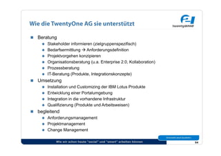 Wie die TwentyOne AG sie unterstützt

  Beratung
      Stakeholder informieren (zielgruppenspezifisch)
      Bedarfsermittlung  Anforderungsdefinition
      Projektvorgehen konzipieren
      Organisationsberatung (u.a. Enterprise 2.0, Kollaboration)
      Prozessberatung
      IT-Beratung (Produkte, Integrationskonzepte)
  Umsetzung
      Installation und Customizing der IBM Lotus Produkte
      Entwicklung einer Portalumgebung
      Integration in die vorhandene Infrastruktur
      Qualifizierung (Produkte und Arbeitsweisen)
  begleitend
      Anforderungsmanagement
      Projektmanagement
      Change Management


             Wie wir schon heute “social” und “smart” arbeiten können   54
 