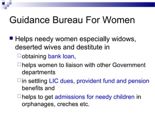 Guidance Bureau For Women
 Helps needy women especially widows,
deserted wives and destitute in
obtaining bank loan,
helps women to liaison with other Government
departments
in settling LIC dues, provident fund and pension
benefits and
helps to get admissions for needy children in
orphanages, creches etc.
 