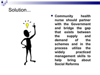 Solution...
 Community health
nurse should partner
with the Government
and bridge the gap
that exists between
the supply and
demand of the
schemes and in the
process utilize the
widely practiced
management skills to
help bring about
Social Reforms
 