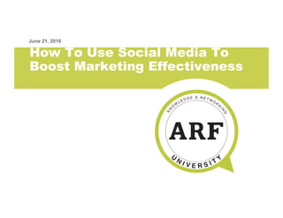 How To Use Social Media To
Boost Marketing Effectiveness
June 21, 2010
 