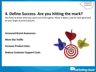 4. Define Success. Are you hitting the mark?
You have to know what you want out of this game. Write it down, and tie each goal back
to your larger business picture.
Increased Brand Awareness
More Site Traffic
Increase Product Sales
Reduce Customer Support Costs
 