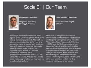 Social3i | Our Team
            Andy Boyer, Co-Founder                           Xavier Jimenez, Co-Founder

            Integrated Marketing                             Social Research, Insight
            Strategy & Planning                              & Ideation




Andy Boyer was a Principal at social media       Prior to co-founding social3i Xavier was
agency Spring Creek Group from 2007-2010,        Principal and Analytics Practice Head at social
leading client campaigns inside Microsoft and    media agency Spring Creek Group in Seattle
other companies, developing short and long       Washington. Xavier has worked with Fortune
term social media strategies, and recruiting a   1000 brands like Realnetworks, American
team of Engagement Leads and Community           Greetings, T-Mobile and Microsoft to deliver
Managers. His previous experience is             deep consumer insights using emerging media
highlighted by six years in e-commerce           measurement technologies. As chief social
marketing at streaming media                     intelligence strategist, Xavier is tasked with
pioneerRealNetworks from 1996-2002. As           transforming raw data from online video,
Co-Founder of social3i, Andy develops holistic   mobile advertising, blogs, social networks, and
social media programs that are integrated into   other user generated content into deep
overall marketing efforts                        customer intelligence for our clients
 