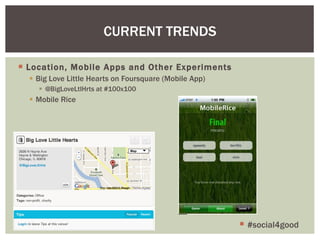 Location, Mobile Apps and Other Experiments Big Love Little Hearts on Foursquare (Mobile App) @BigLoveLtlHrts at #100x100 Mobile Rice CURRENT TRENDS #social4good 