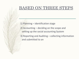 BASED ON THREE STEPS
1) Planning – identification stage
2) Accounting – deciding on the scope and
setting up the social accounting System
3) Reporting and Auditing – collecting information
and submitted to an
 