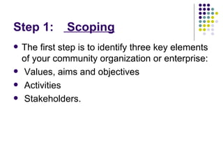 Step 1:  Scoping The first step is to identify three key elements of your community organization or enterprise:  Values, aims and objectives  Activities  Stakeholders.  
