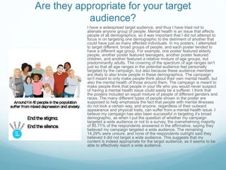 Are they appropriate for your target
audience?
I have a widespread target audience, and thus I have tried not to
alienate anyone group of people. Mental health is an issue that affects
people of all demographics, so it was important that I did not attempt to
focus in on targeting one demographic to the detriment of another that
could have just as many affected individuals. In my posters, I attempted
to target different, broad groups of people, and each poster tended to
have a different age group. For example, one poster featured elderly
people, another poster featured teenagers, another poster featured
children, and another featured a relative mixture of age groups, but
predominantly adults. The covering of the spectrum of age ranges isn’t
just so that all age ranges in the potential audience feel personally
targeted by the campaign, but also because these audience members
are likely to also know people in these demographics. The campaign
isn’t meant to only make people think about their own mental health, but
also the mental health of those around them. The campaign is meant to
make people think that people in your life who you would never suspect
of having a mental health issue could easily be a sufferer. I think that
the posters included an equal mixture of people of different genders and
races. The many different types of people shown in the poster are
supposed to help emphasize the fact that people with mental illnesses
do not look a certain way, and anyone, regardless of their outward
appearance and physical traits, can suffer from a mental health issue. I
believe my campaign has also been successful in targeting it’s broad
demographic, as when I put the question of whether my campaign
targeted a wide audience or not to a survey, the overwhelming majority
of 85.71% of the respondents answered in the affirmative, saying they
believed my campaign targeted a wide audience. The remaining
14.29% were unsure, and none of the respondents outright said they
believed it did not target a wide audience. This suggests that my
content is indeed appropriate for the target audience, as it seems to be
able to effectively reach a wide audience.
 
