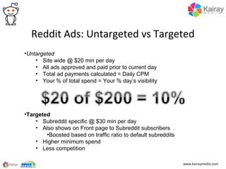 Reddit Ads: Untargeted vs Targeted
•Untargeted
    • Site wide @ $20 min per day
    • All ads approved and paid prior to current day
    • Total ad payments calculated = Daily CPM
    • Your % of total spend = Your % day’s visibility




•Targeted
    • Subreddit specific @ $30 min per day
    • Also shows on Front page to Subreddit subscribers
        •Boosted based on traffic ratio to default subreddits
    • Higher minimum spend
    • Less competition

                                                                www.kairaymedia.com
 