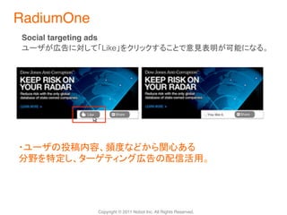 RadiumOne!
 Social targeting ads!
                         Like                                                      	




                                                                         	
                                                                              	




                     Copyright © 2011 Nobot Inc. All Rights Reserved.!
 