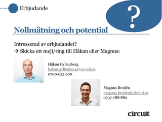 ?
  Erbjudande



Nollmätning och potential
Intresserad av erbjudandet?
 Skicka ett mejl/ring till Håkan eller Magnus:

               Håkan Gyllenberg
               hakan.gyllenberg@circuit.se
               0700-654 900


                                             Magnus Brodén
                                             magnus.broden@circuit.se
                                             0737-788 882
 